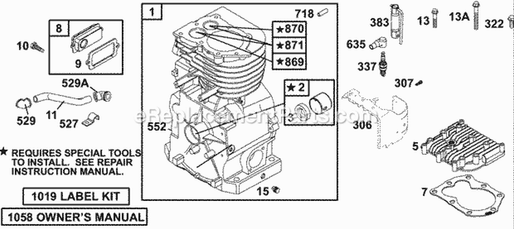 Cylinder Group Diagram and Parts List for 137212-1313-E1  Briggs and Stratton Engine